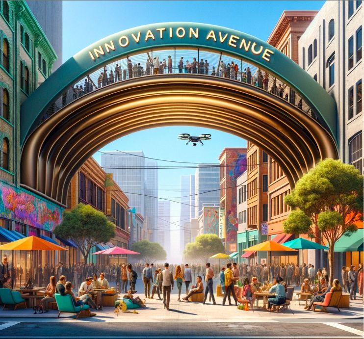 Innovation Avenue archway over a futuristic San Francisco street