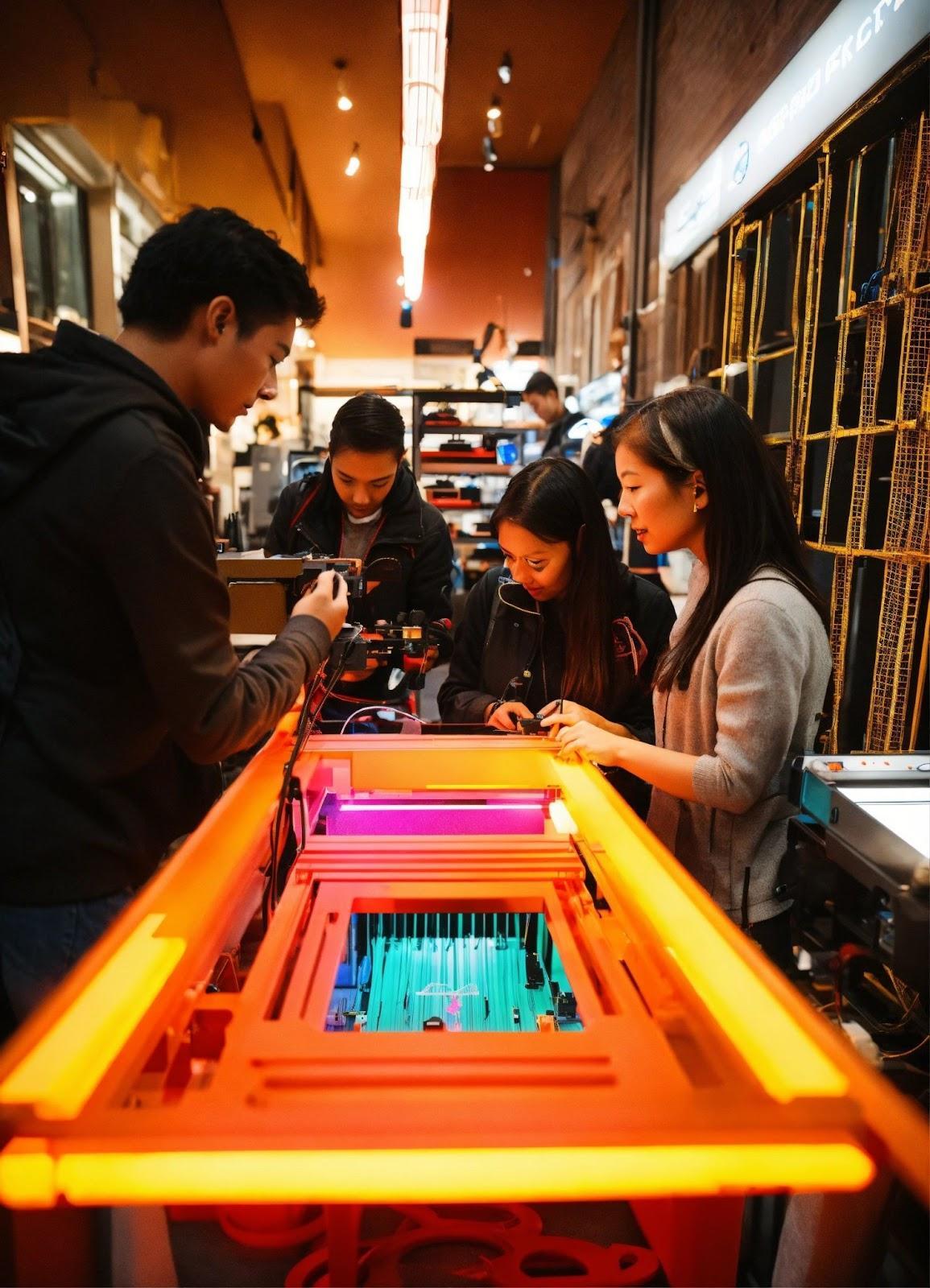 Visitors gathered around an interactive glowing storefront installation
