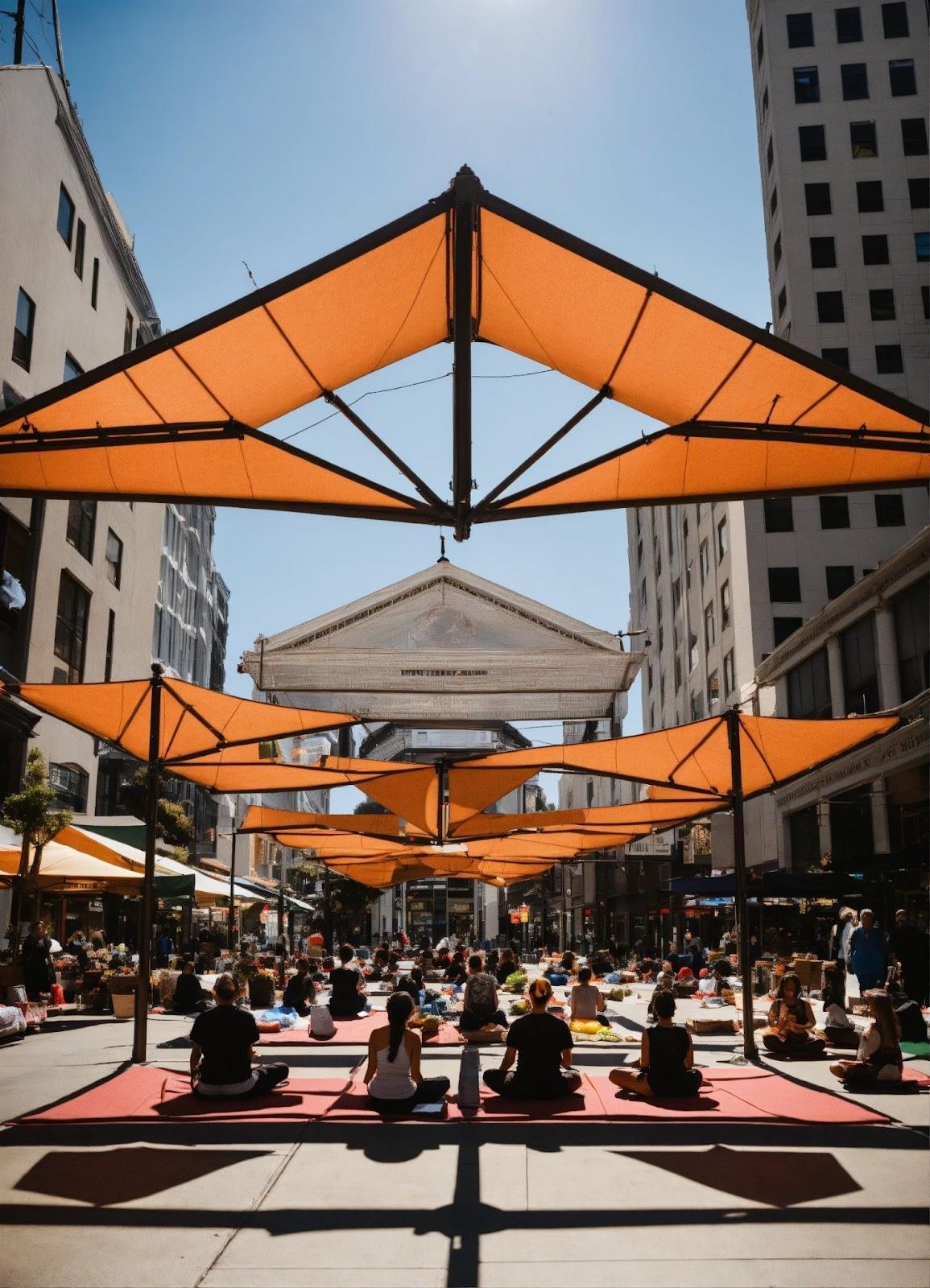 Street transformed with shade structures and community seating